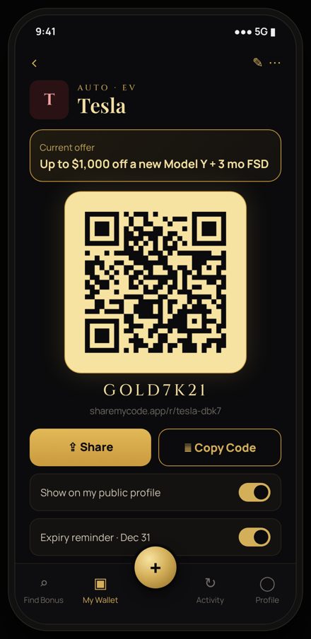 Referral code detail with a QR code for sharing in person