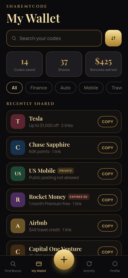 ShareMyCode wallet screen listing saved referral codes